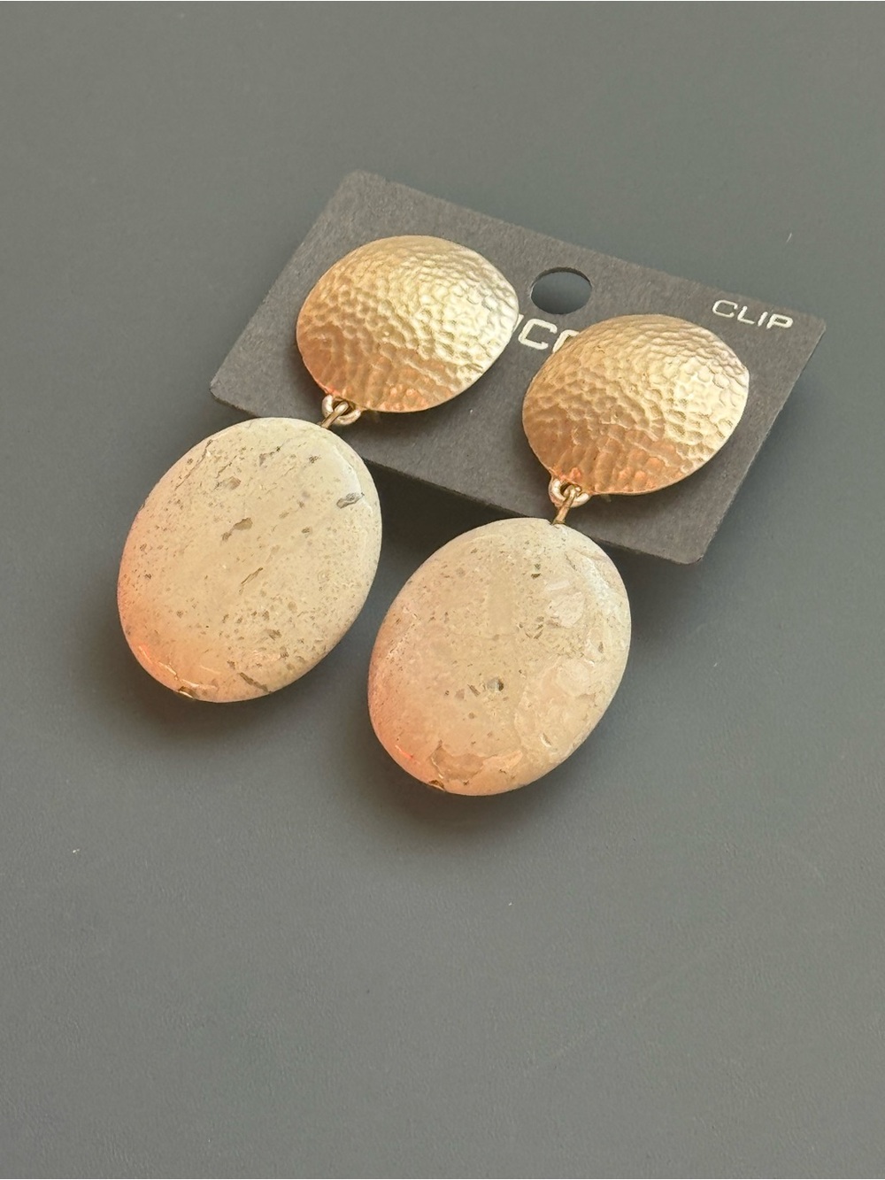 Chico's Hammered Gold-Tone Oval Drop Clip On Earrings 2 inch NWT